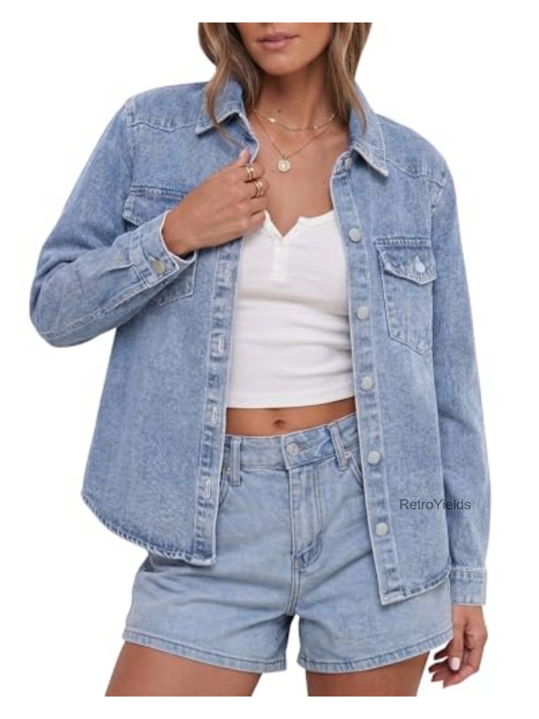 Distressed Denim Jacket Women Long Sleeve Button Down Shacket Trucker Jacket